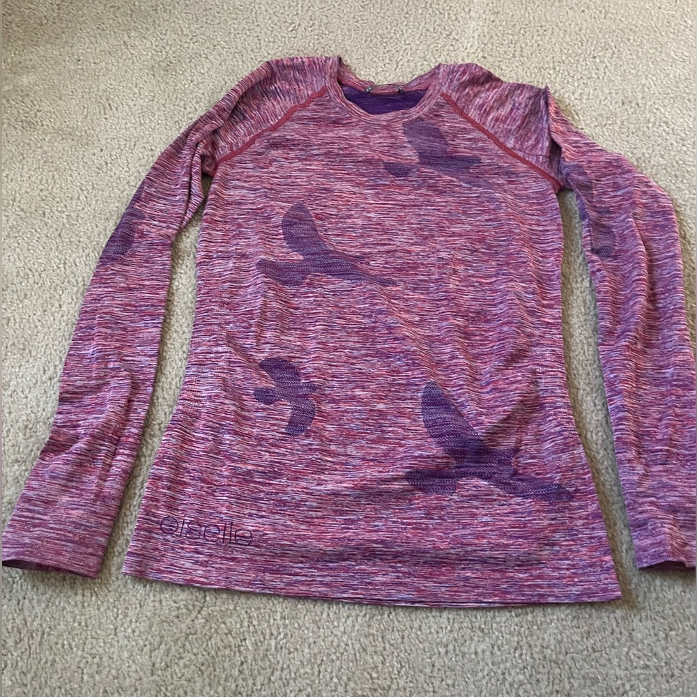 Oiselle LS Flyte in Pink with Epic Purple birds Sz S